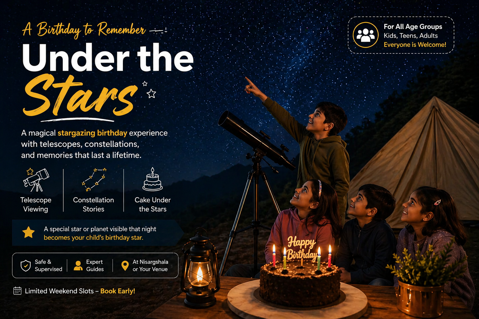 Kids stargazing birthday party under stars at Nisargshala Pune