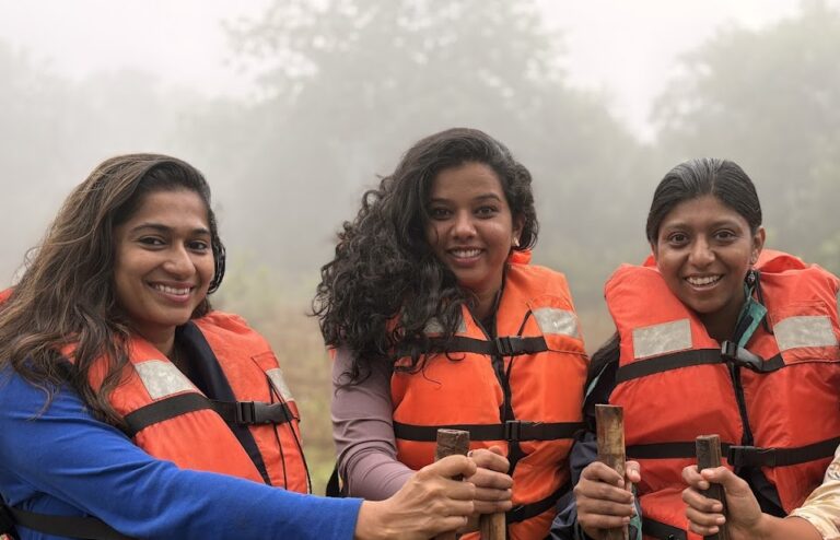 Corporate team walking through the Sahyadri landscape