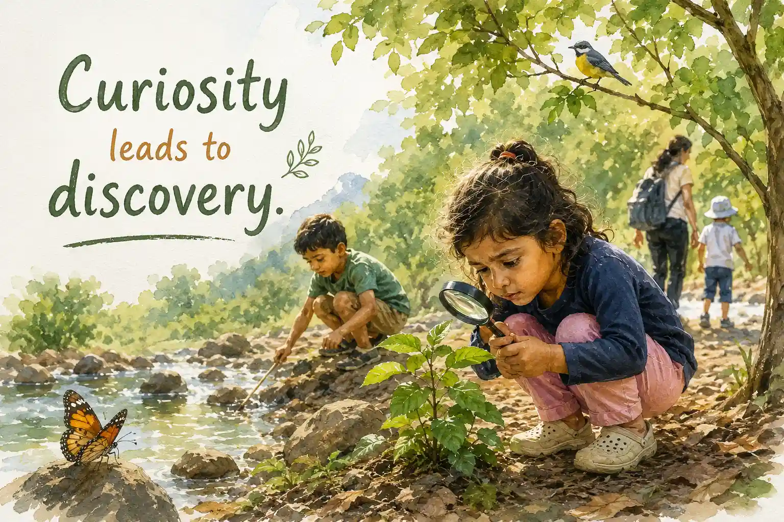 Young children exploring nature beside a forest stream at Kutuhal Camp